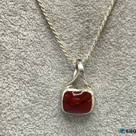 Vintage Mexican Red Jasper & Sterling Silver Pendant w/fine Italian Silver Chain - Picture 3 of 14